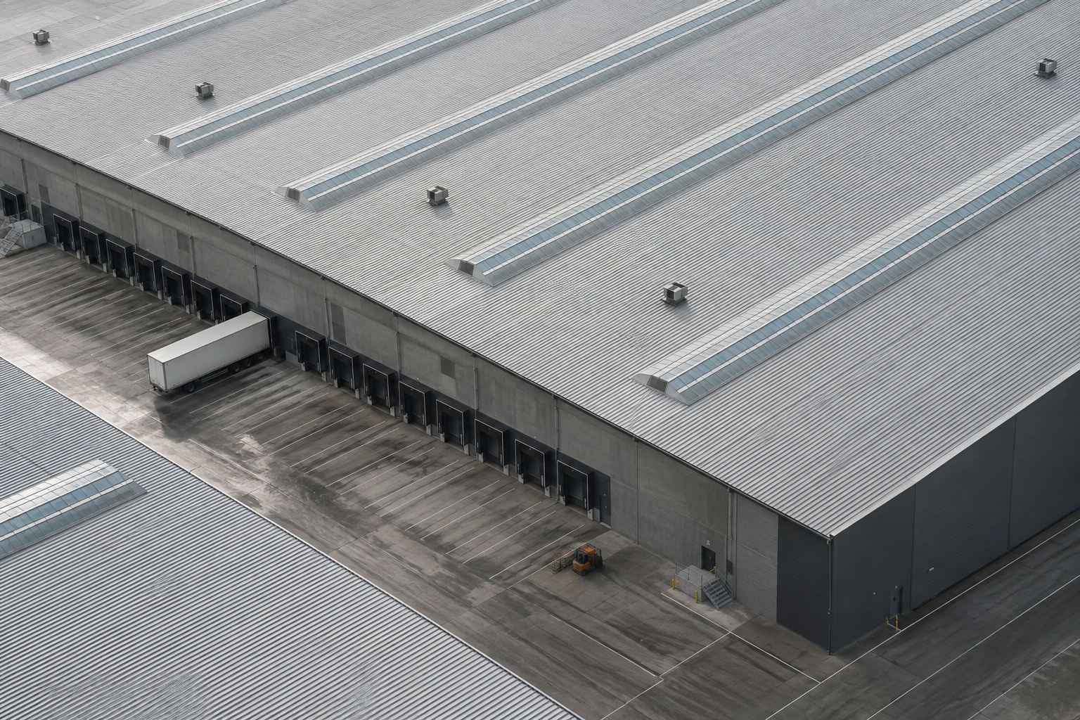 An architectural study of an industrial facility, with repeating silver roofs and skylights